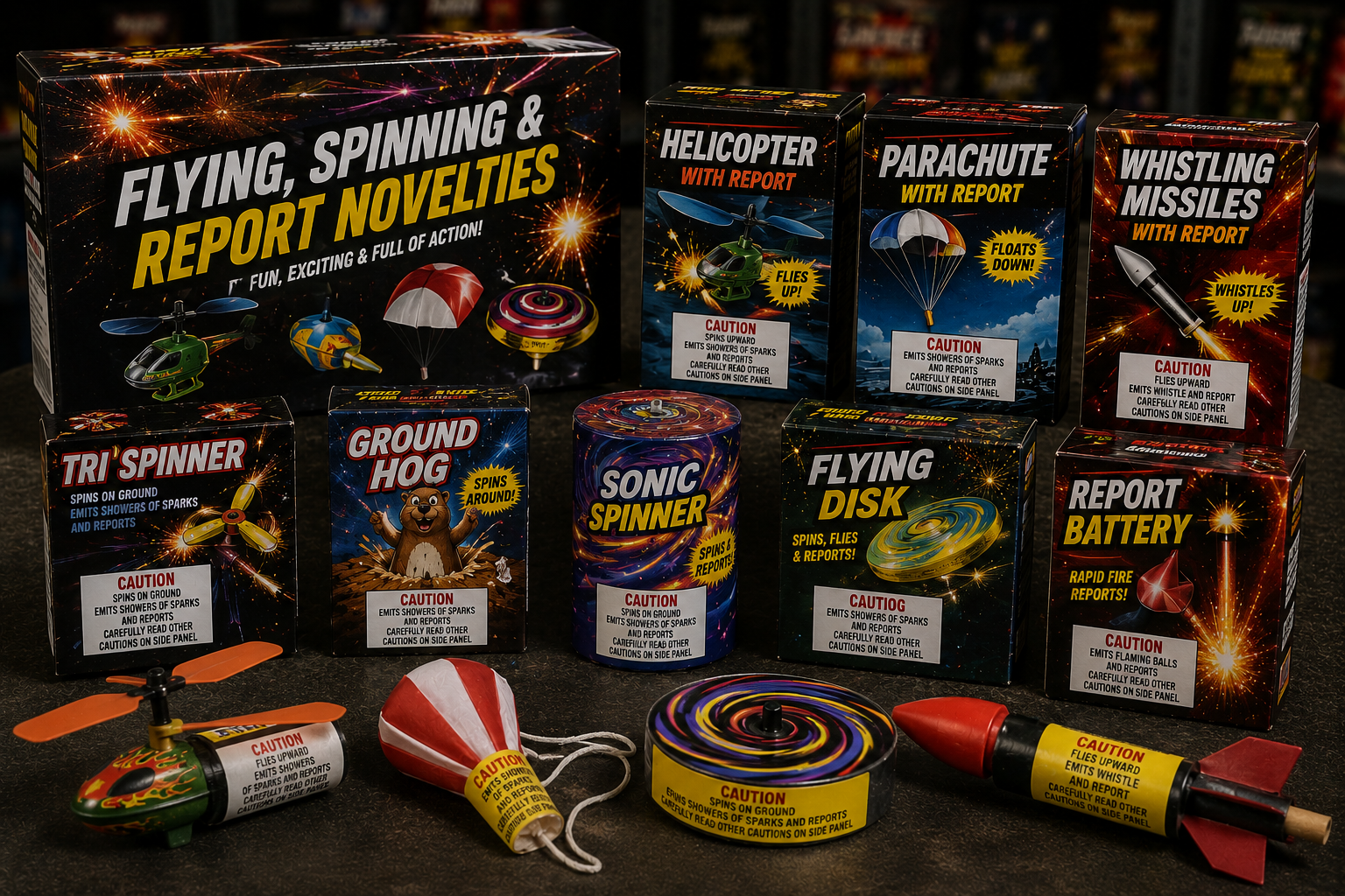 FLYING, SPINNING & REPORT NOVELTIES